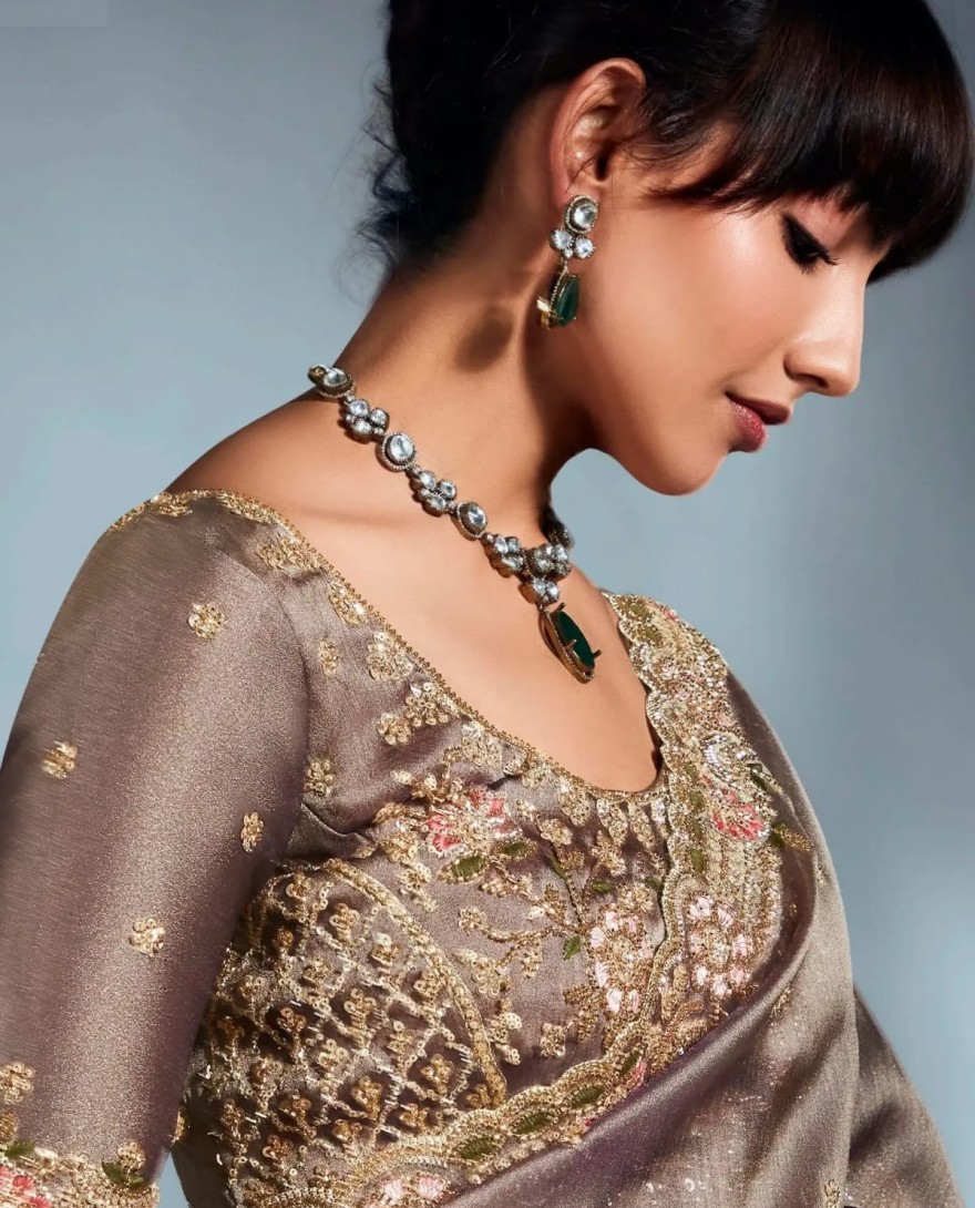 BROWN - Noteworthy Brown Sequins Work Organza Reception Wear Saree With Blouse